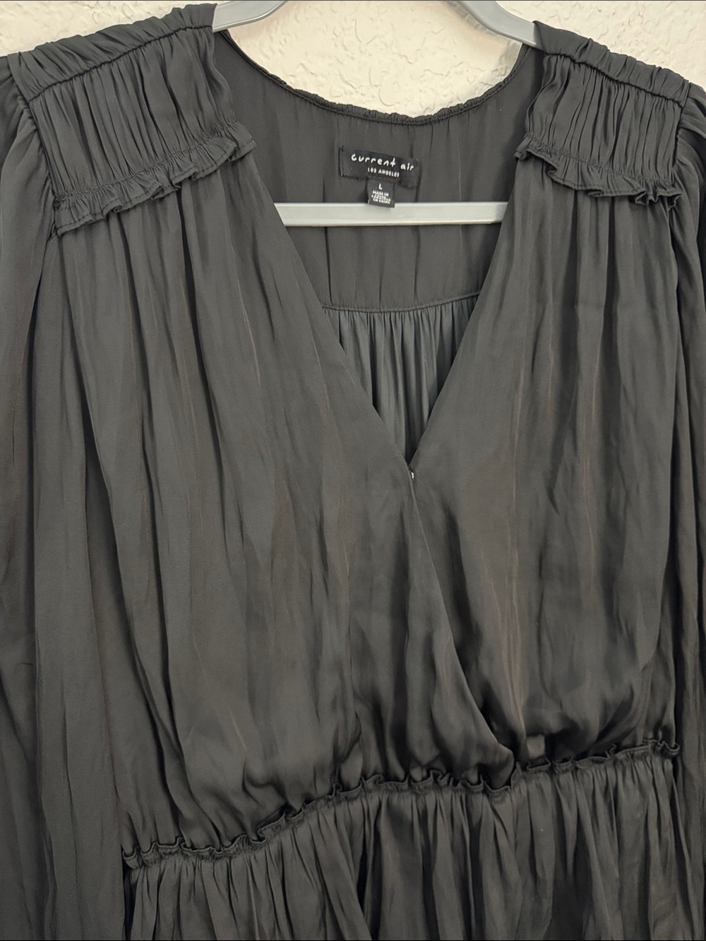 Current Air Cecile Black Satin Tiered Mini Dress Large Ruffle Long sleeve Smock - Picture 3 of 6